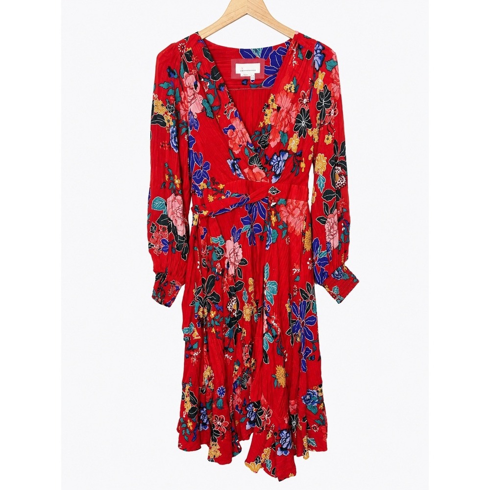 Anthropologie Boswell Red Floral Wrap Midi Dress Size 6 Lined Garden Party